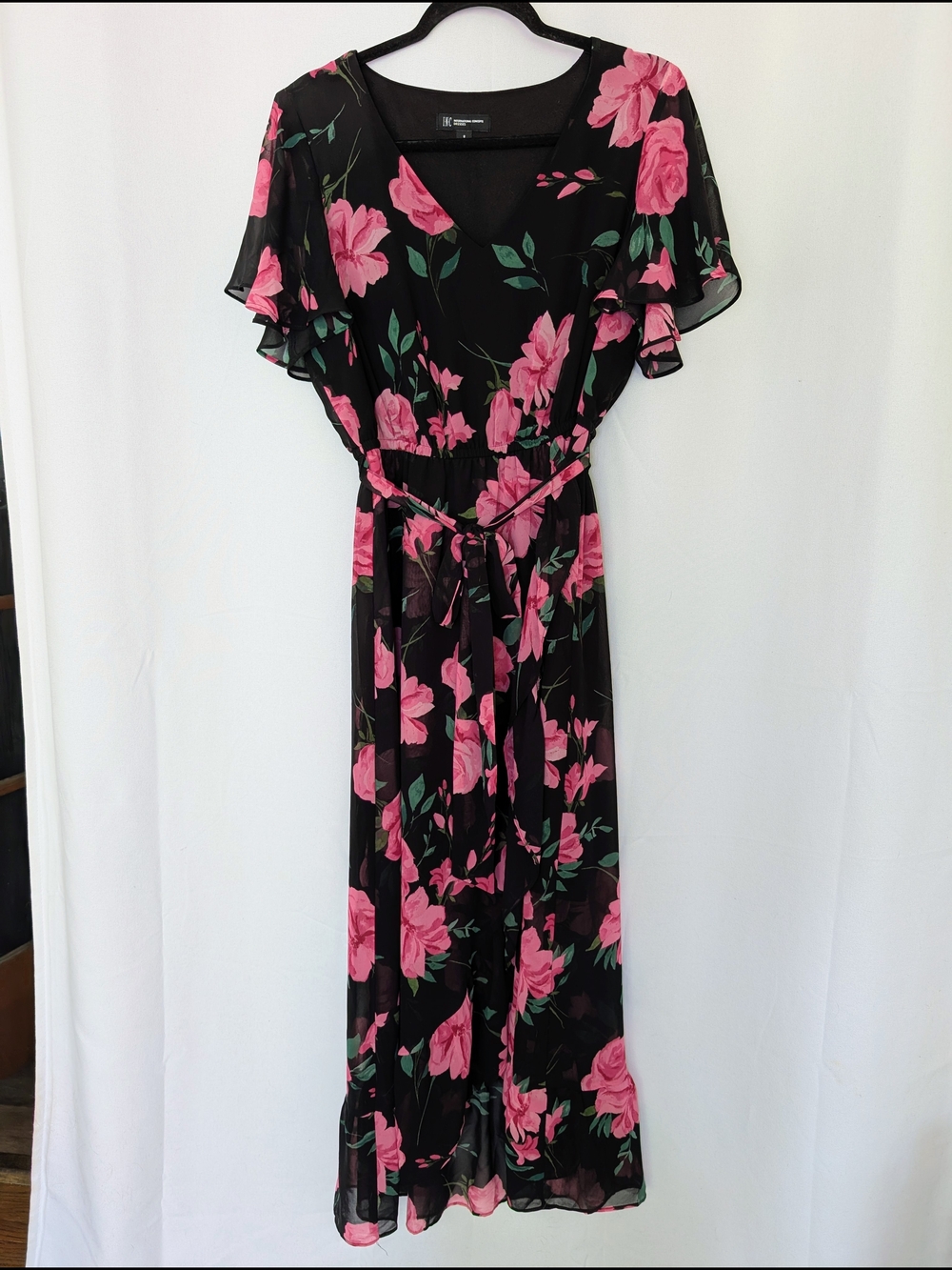 INC V-Neck Black Chiffon Dress with Pink Roses